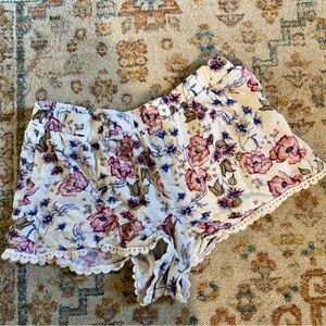 Pink Rose Floral Print Lace Trim Pajama Shorts